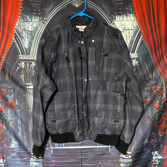 Five Four Rain Jacket Men L Black Plaid Zip Up Water Repellent Outerwear Travel - Picture 1 of 4